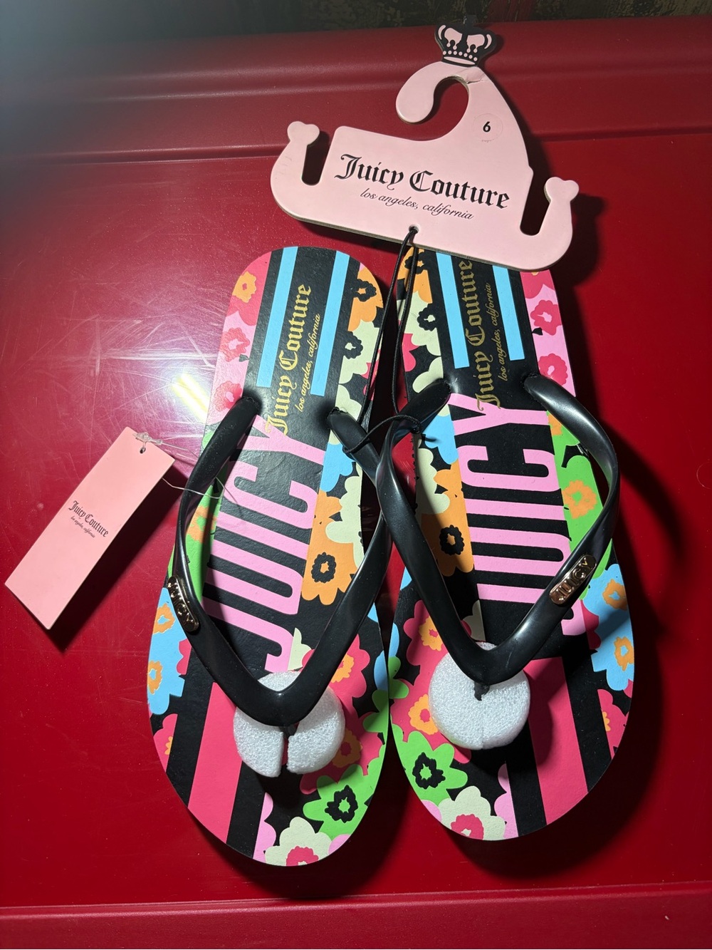 Juicy Couture Black-Strap Floral Stripe Flip Flops